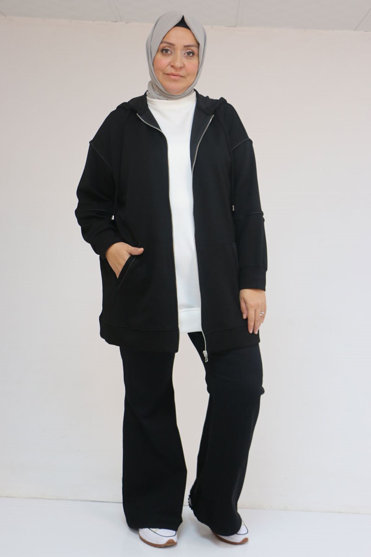 43072 Büyük Beden Waterport Biyeli Modal Ceket - Siyah