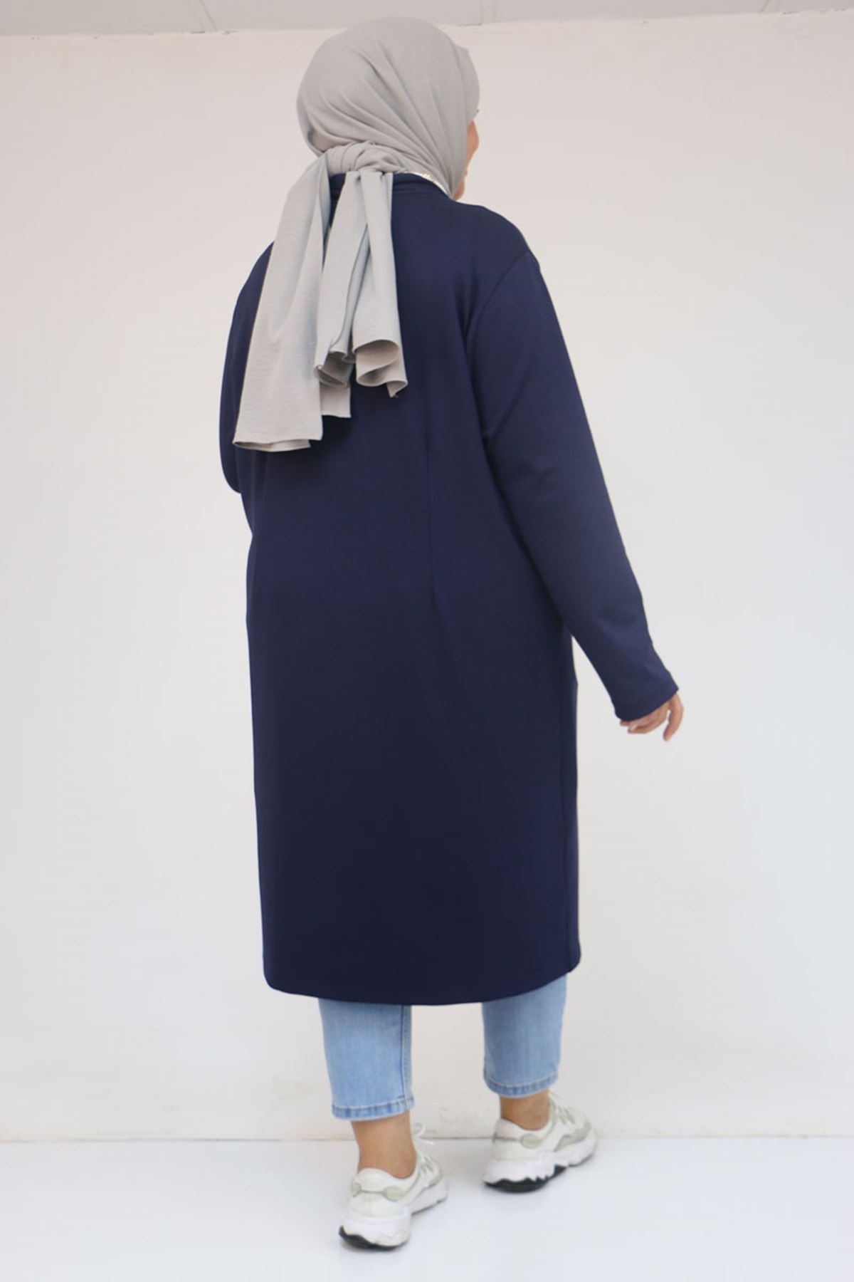 53048 Büyük Beden Cepli Uzun Modal Ceket - İndigo
