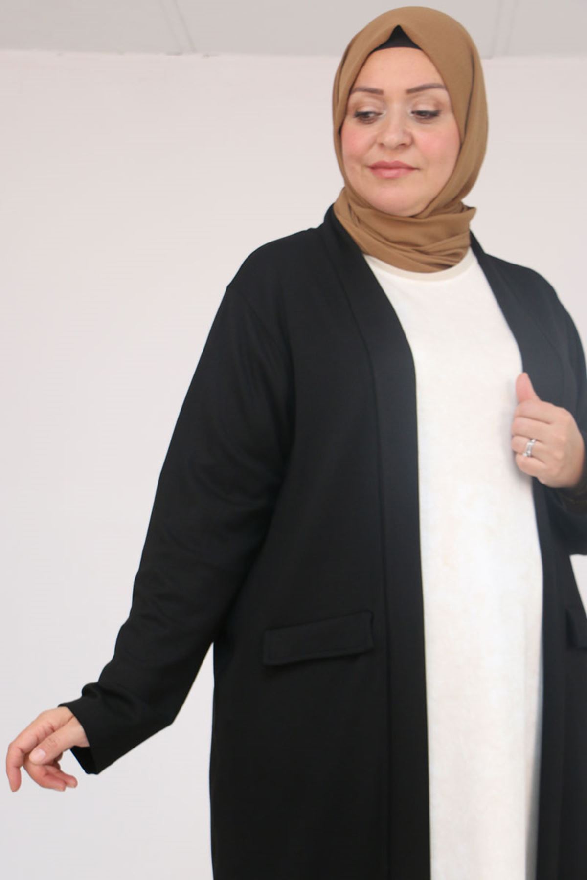 53048 Büyük Beden Cepli Uzun Modal Ceket - Siyah