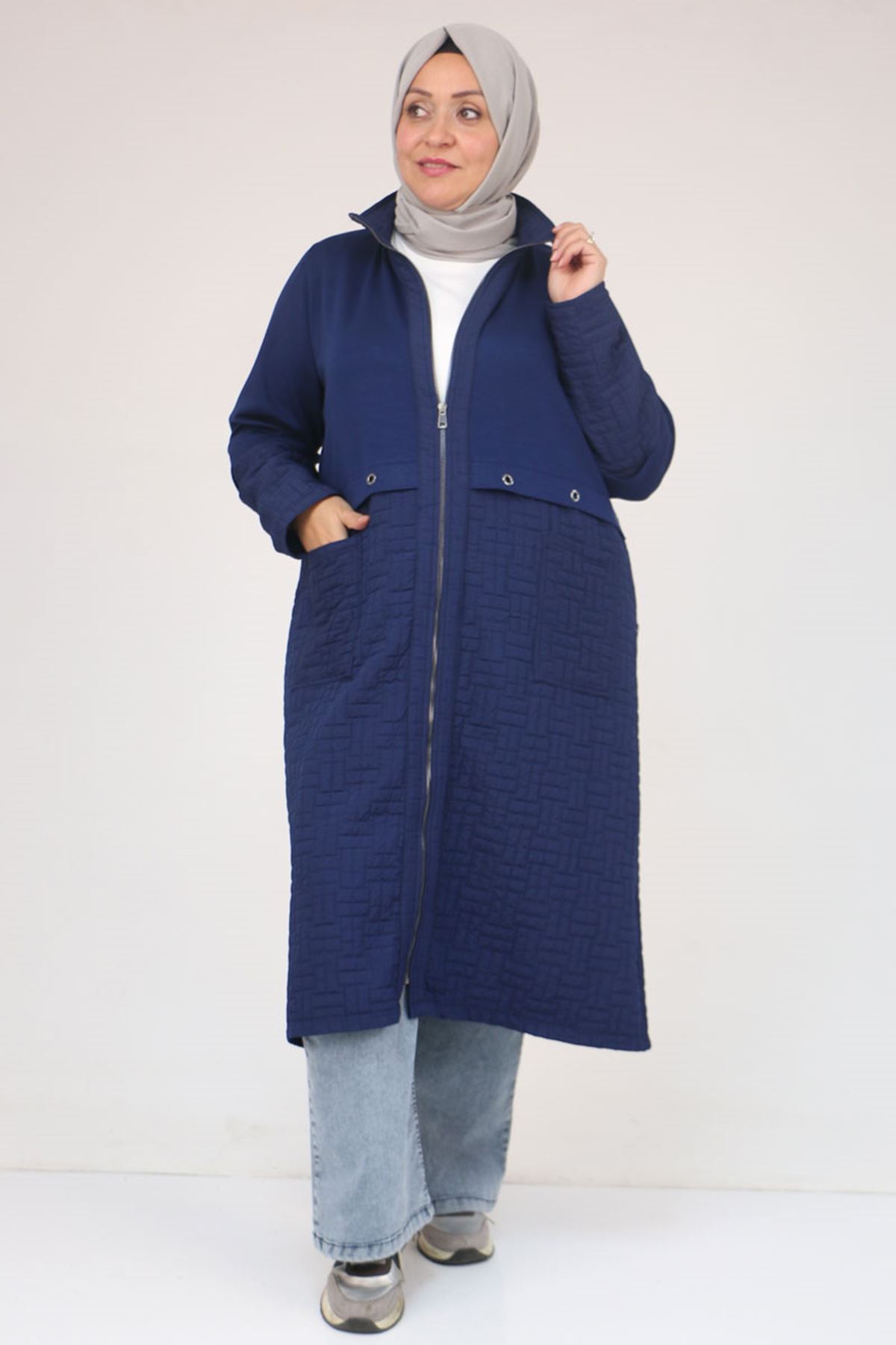 53039 Büyük Beden  Kapitone - Modal Kombinli Trençkot - İndigo