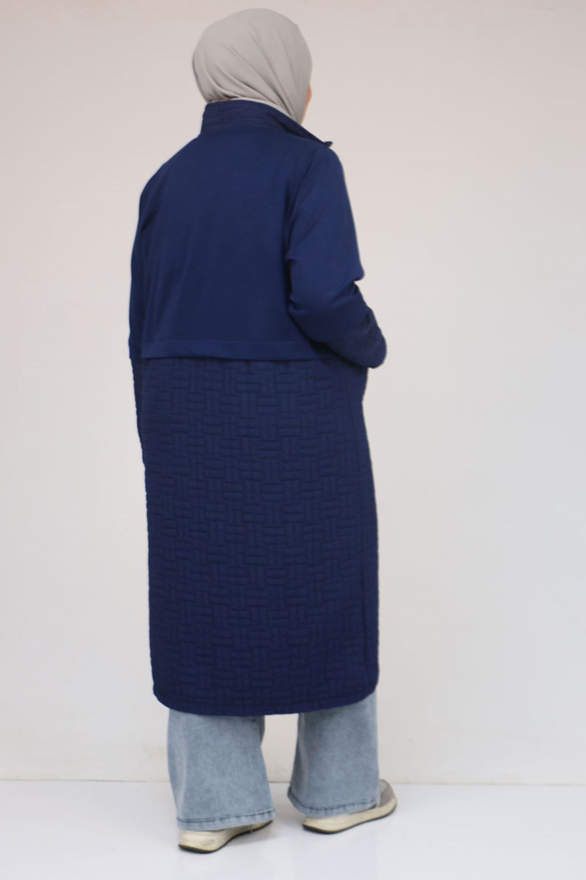 53039 Büyük Beden  Kapitone - Modal Kombinli Trençkot - İndigo