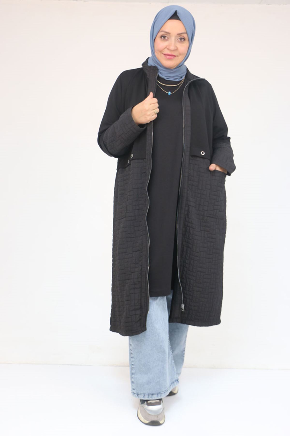 53039 Büyük Beden  Kapitone - Modal Kombinli Trençkot - Siyah