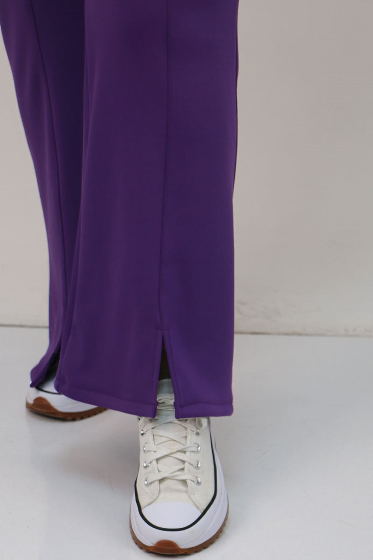 59506 Büyük Beden Paçası Yırtmaçlı İspanyol Paça Tayt Pantolon - Mor