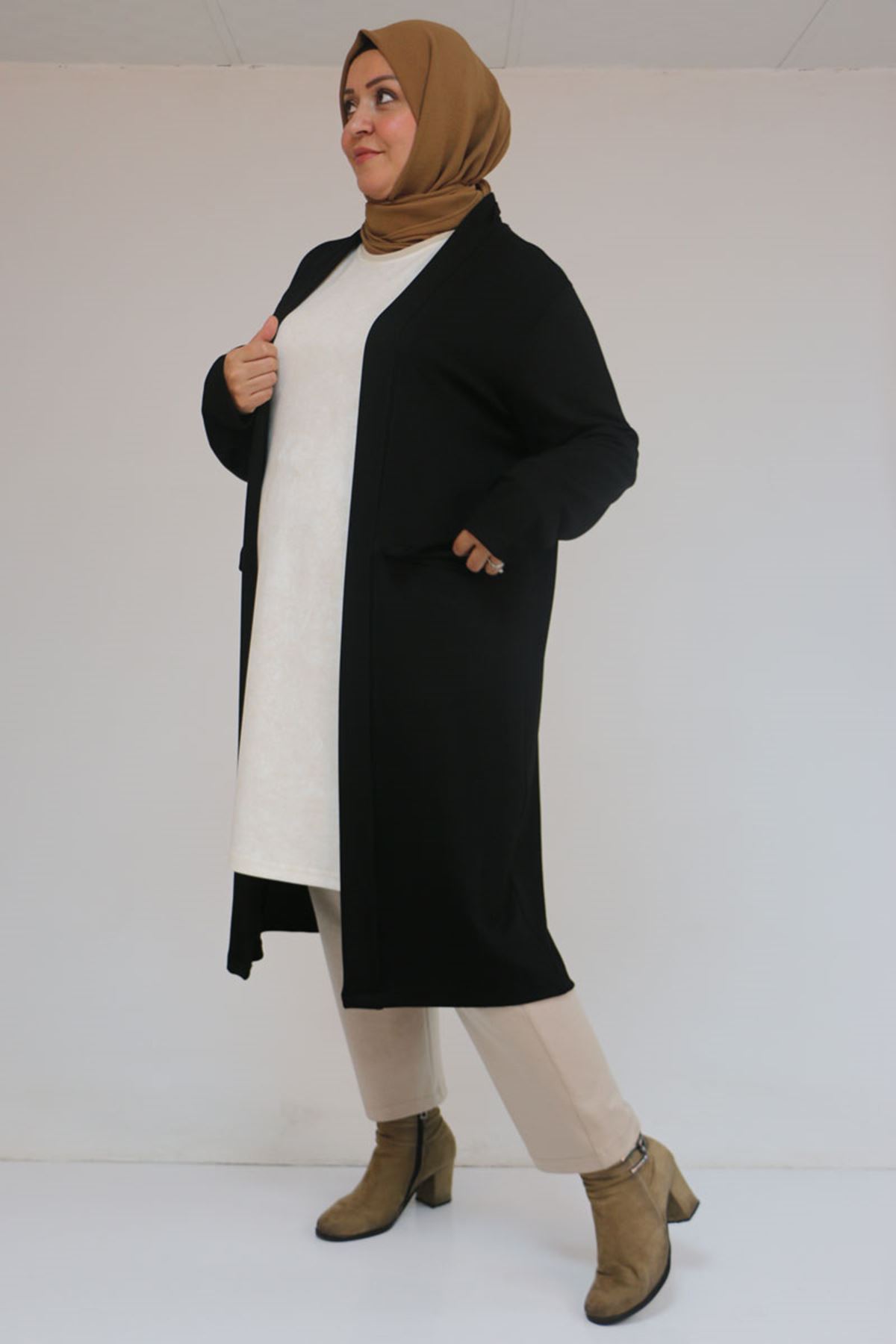 53048 Büyük Beden Cepli Uzun Modal Ceket - Siyah