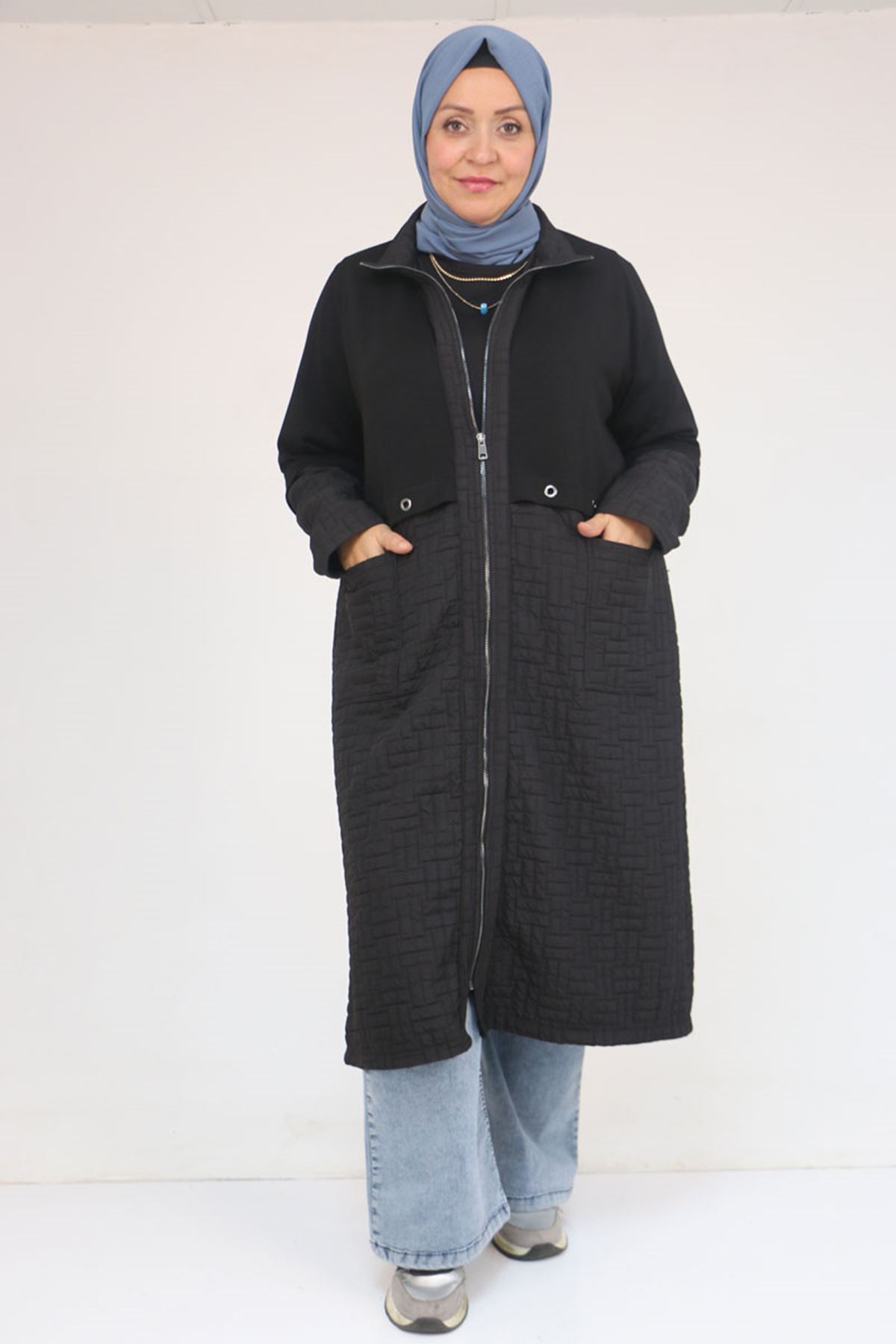 53039 Büyük Beden  Kapitone - Modal Kombinli Trençkot - Siyah