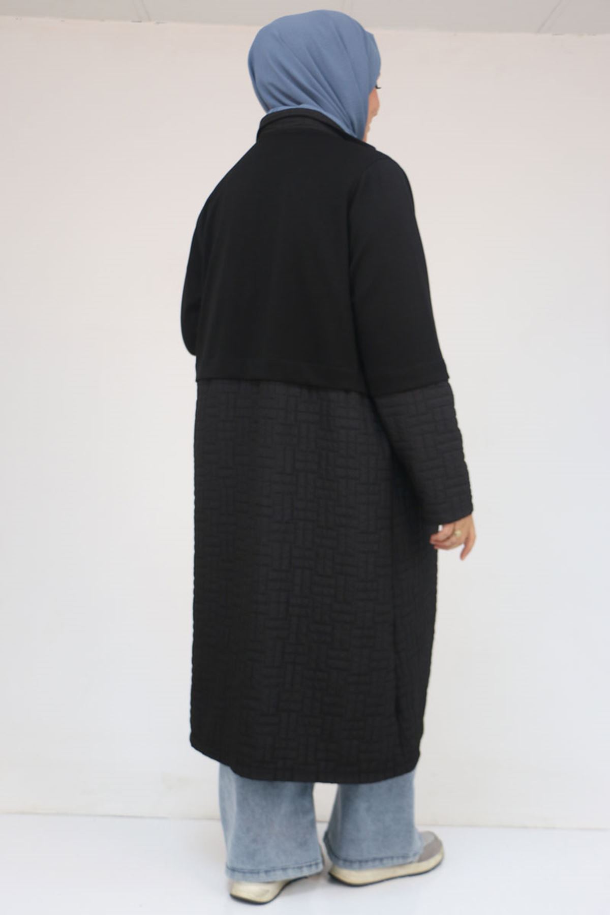 53039 Büyük Beden  Kapitone - Modal Kombinli Trençkot - Siyah