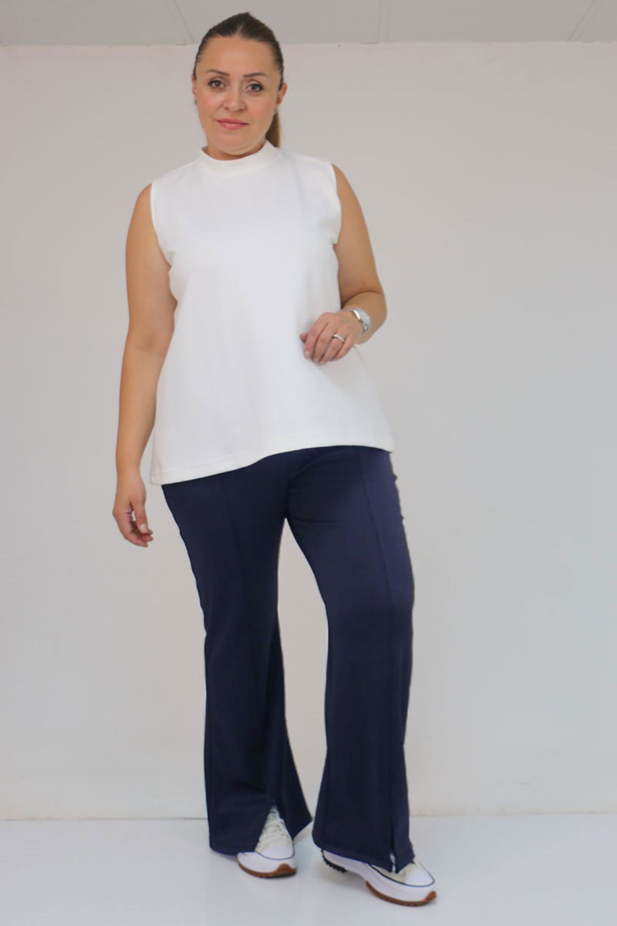 59506 Büyük Beden Paçası Yırtmaçlı İspanyol Paça Tayt Pantolon - Lacivert