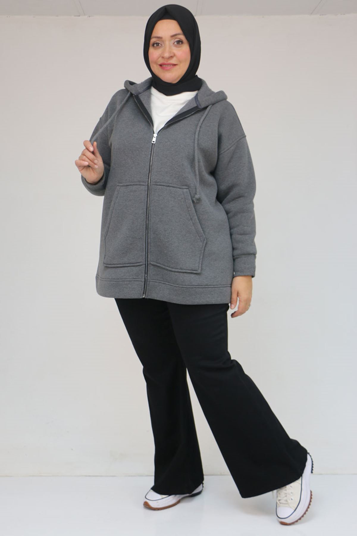 43069 Büyük Beden Eteği Ribanalı Üç İplik Ceket - Antrasit