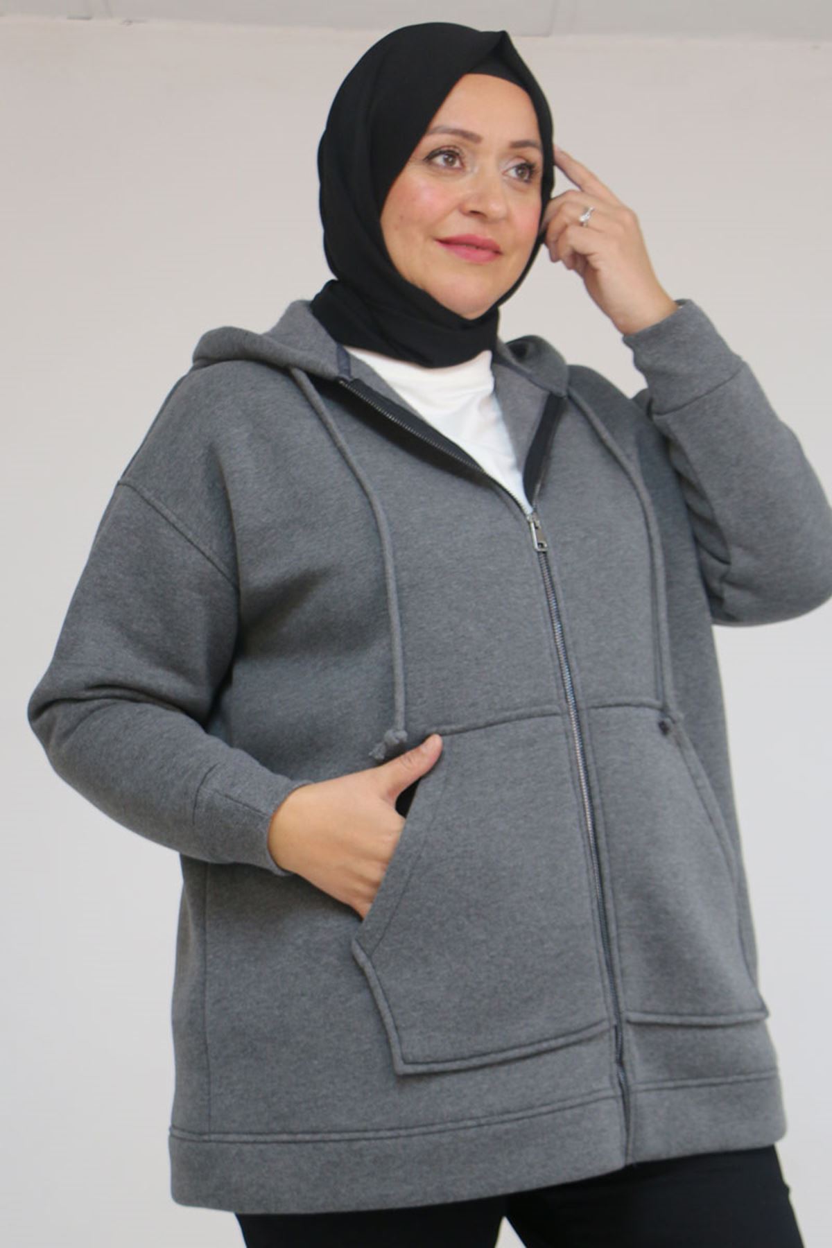 43069 Büyük Beden Eteği Ribanalı Üç İplik Ceket - Antrasit