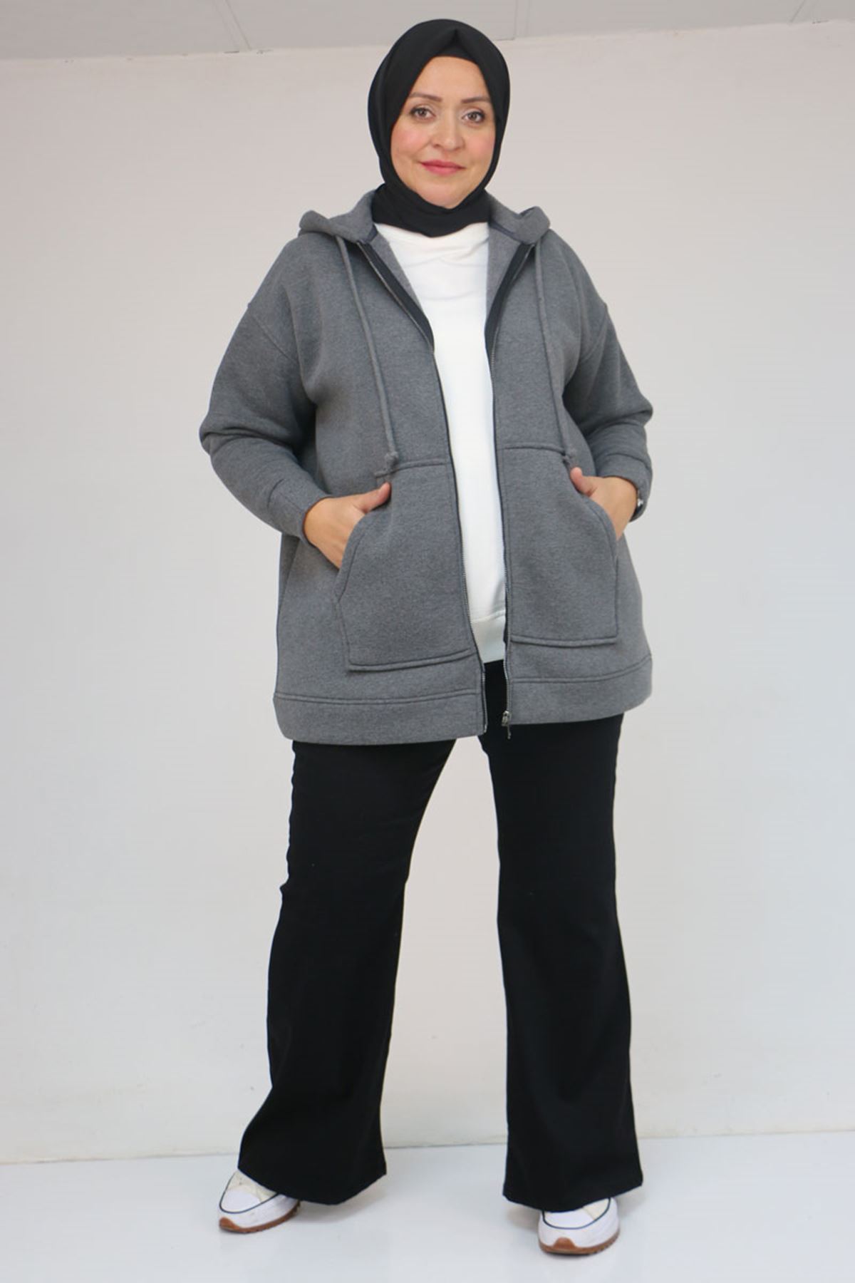 43069 Büyük Beden Eteği Ribanalı Üç İplik Ceket - Antrasit