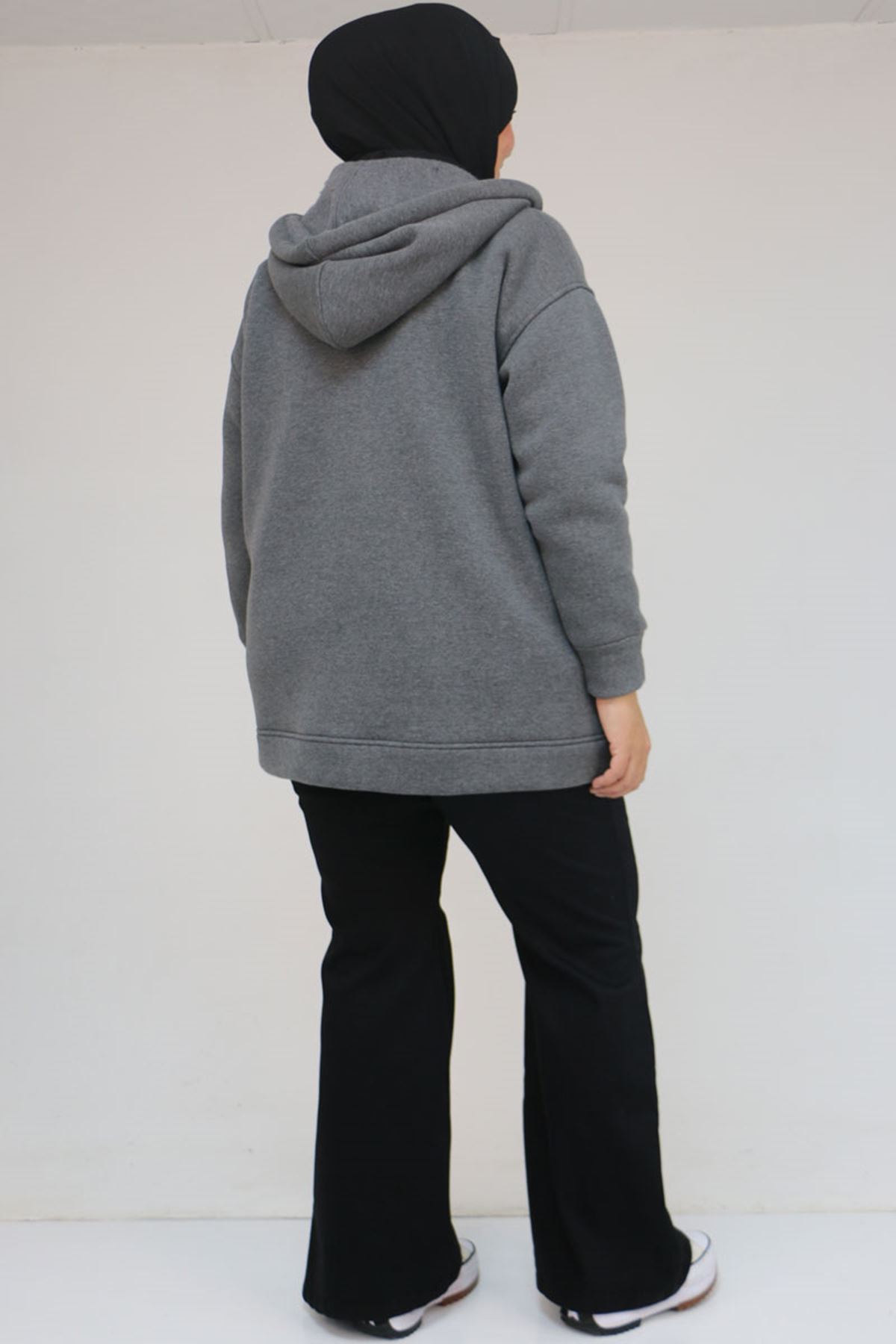 43069 Büyük Beden Eteği Ribanalı Üç İplik Ceket - Antrasit