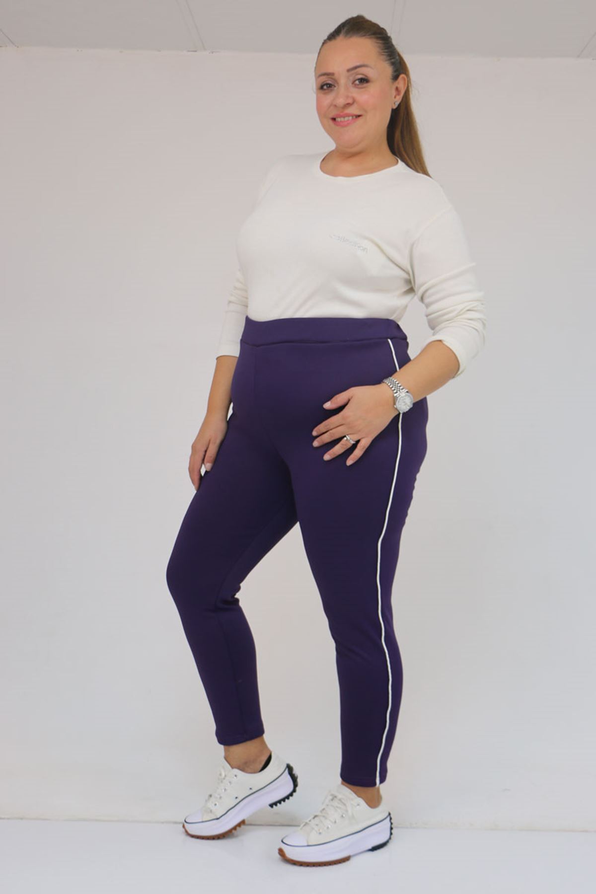 59504 Büyük Beden Biyeli  İçi Şardonlu Tayt - Mor