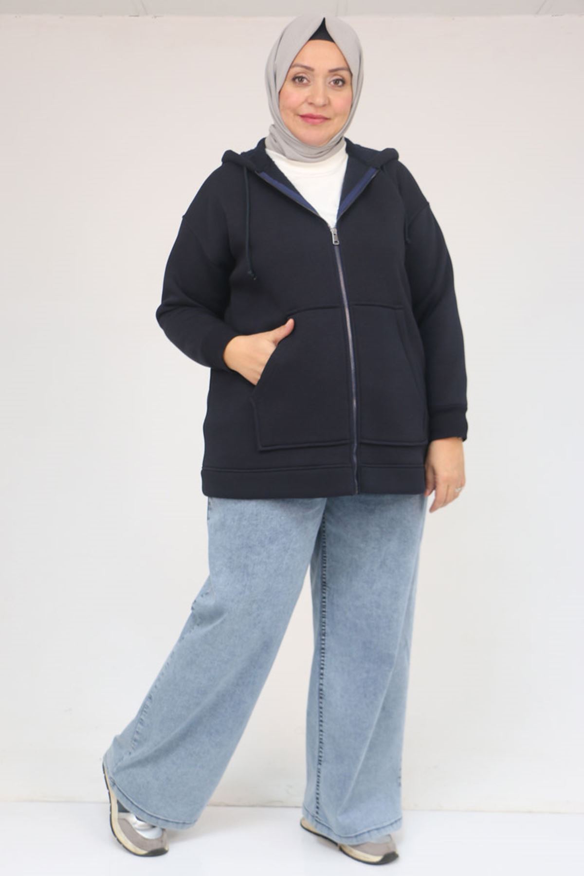 43069 Büyük Beden Eteği Ribanalı Üç İplik Ceket - Lacivert