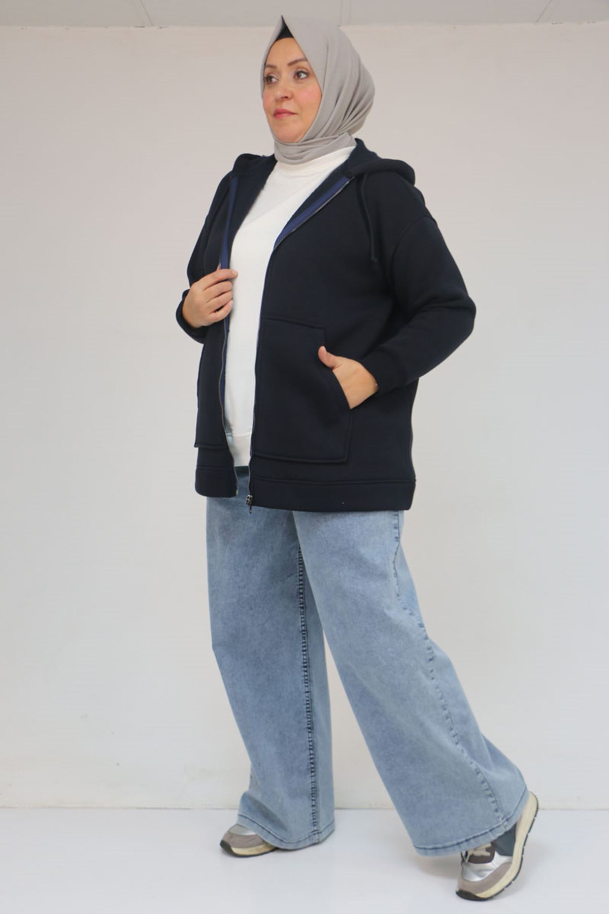 43069 Büyük Beden Eteği Ribanalı Üç İplik Ceket - Lacivert