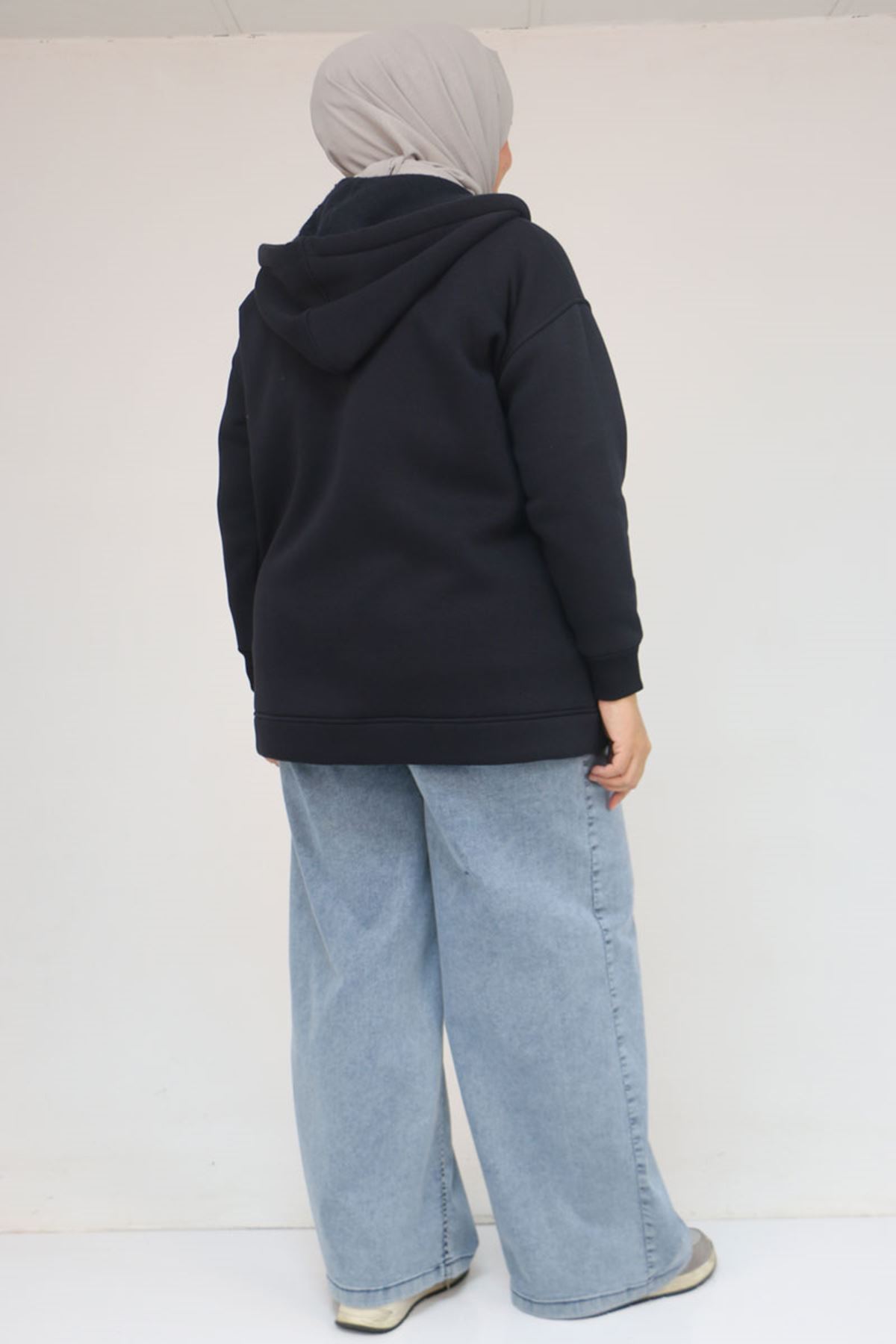 43069 Büyük Beden Eteği Ribanalı Üç İplik Ceket - Lacivert