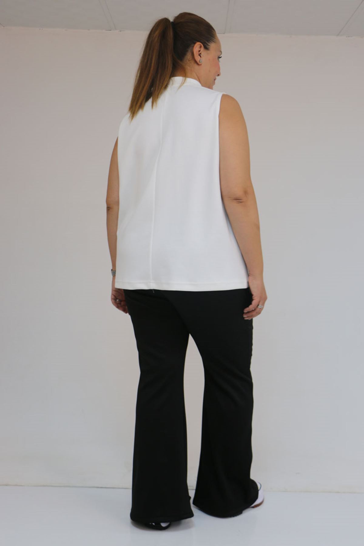 59506 Büyük Beden Paçası Yırtmaçlı İspanyol Paça Tayt Pantolon - Siyah