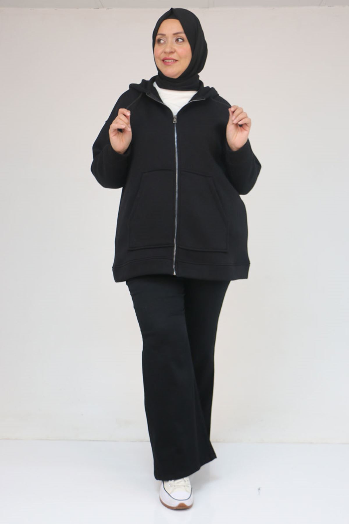 43069 Büyük Beden Eteği Ribanalı Üç İplik Ceket - Siyah