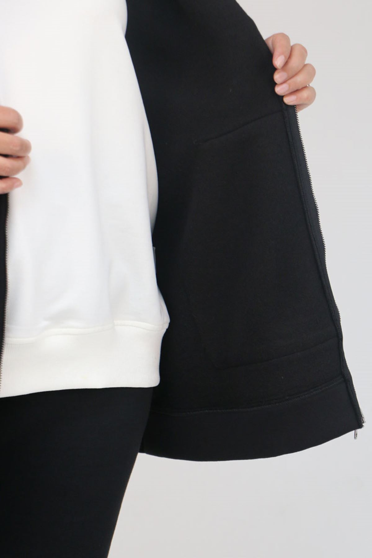 43069 Büyük Beden Eteği Ribanalı Üç İplik Ceket - Siyah