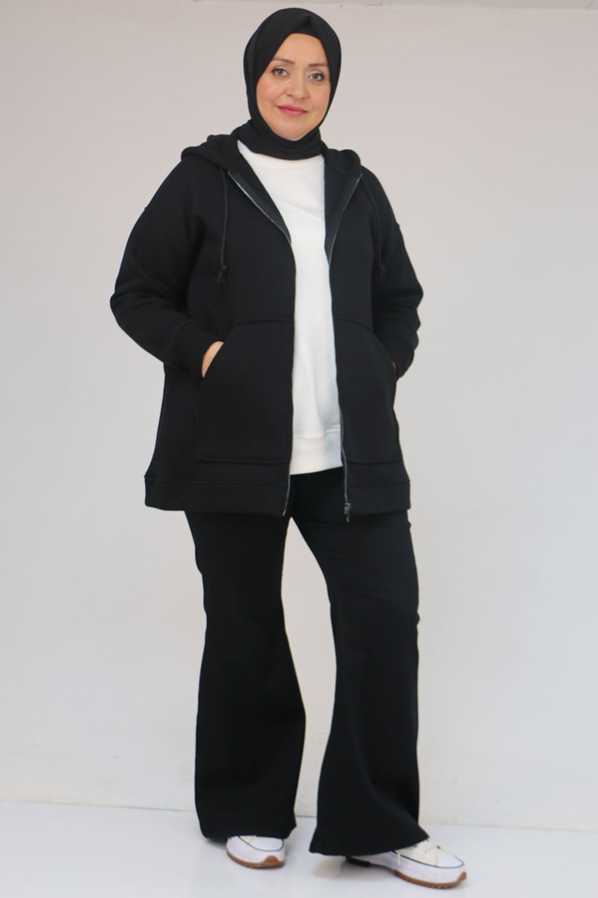 43069 Büyük Beden Eteği Ribanalı Üç İplik Ceket - Siyah