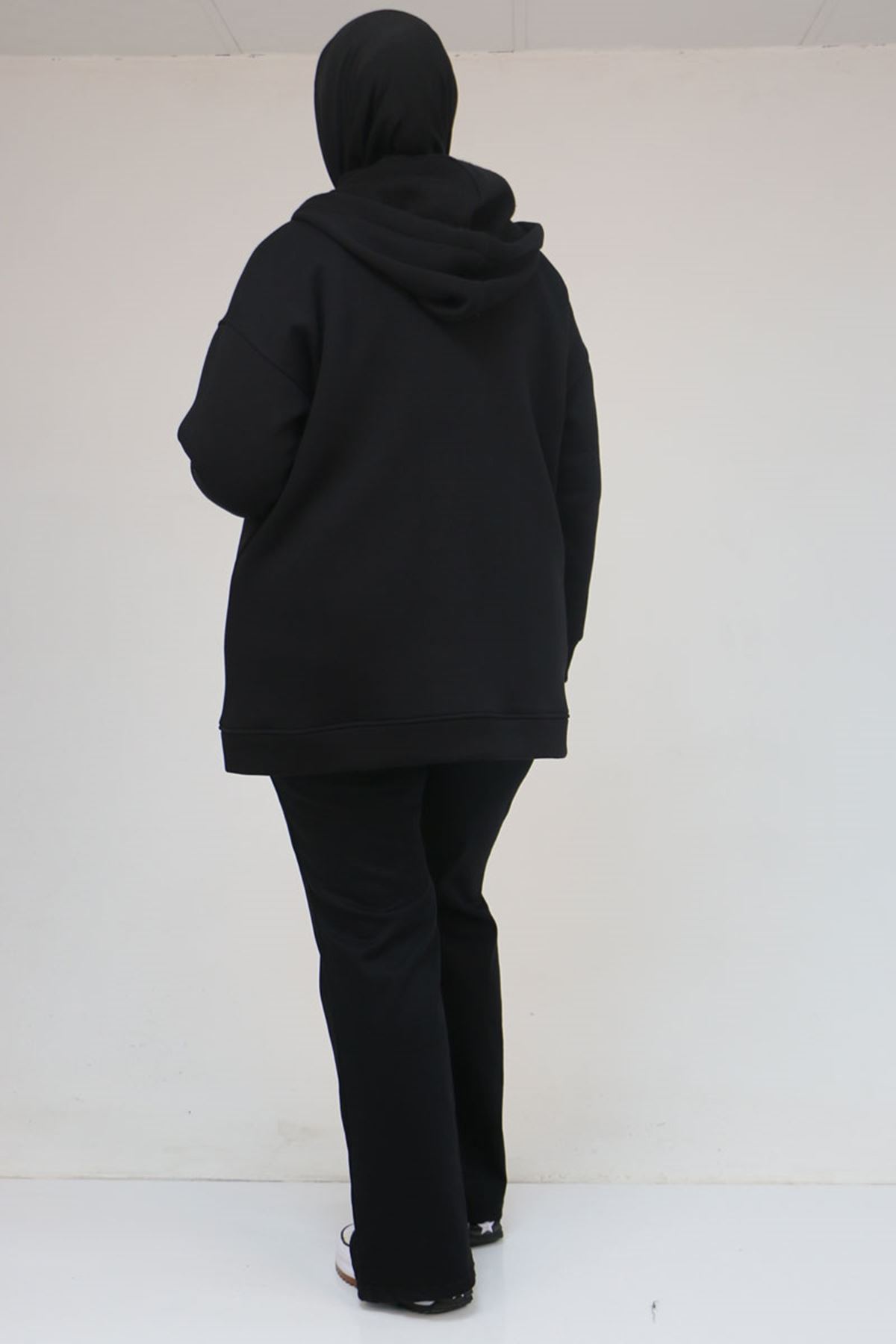 43069 Büyük Beden Eteği Ribanalı Üç İplik Ceket - Siyah