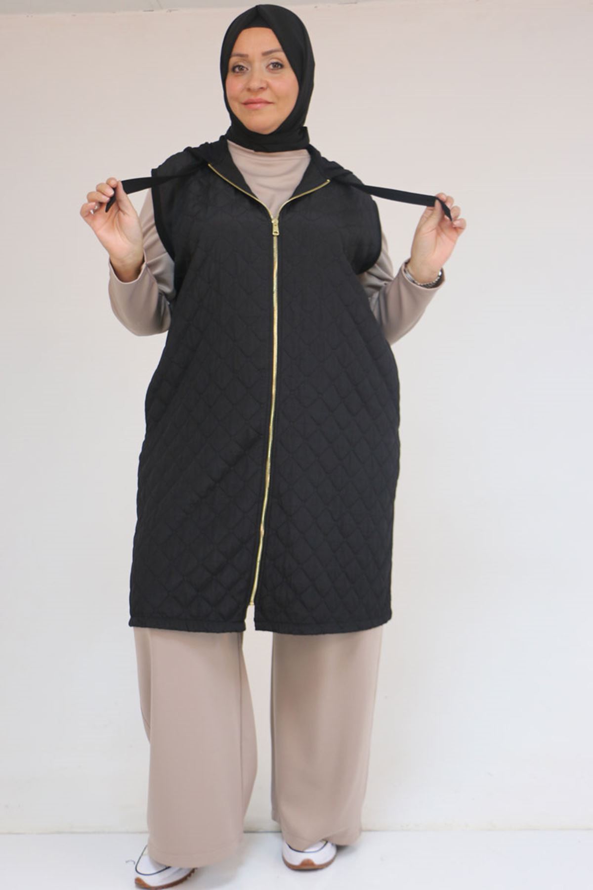 54009 Büyük Beden Kapitone - Modal Yelek - Siyah