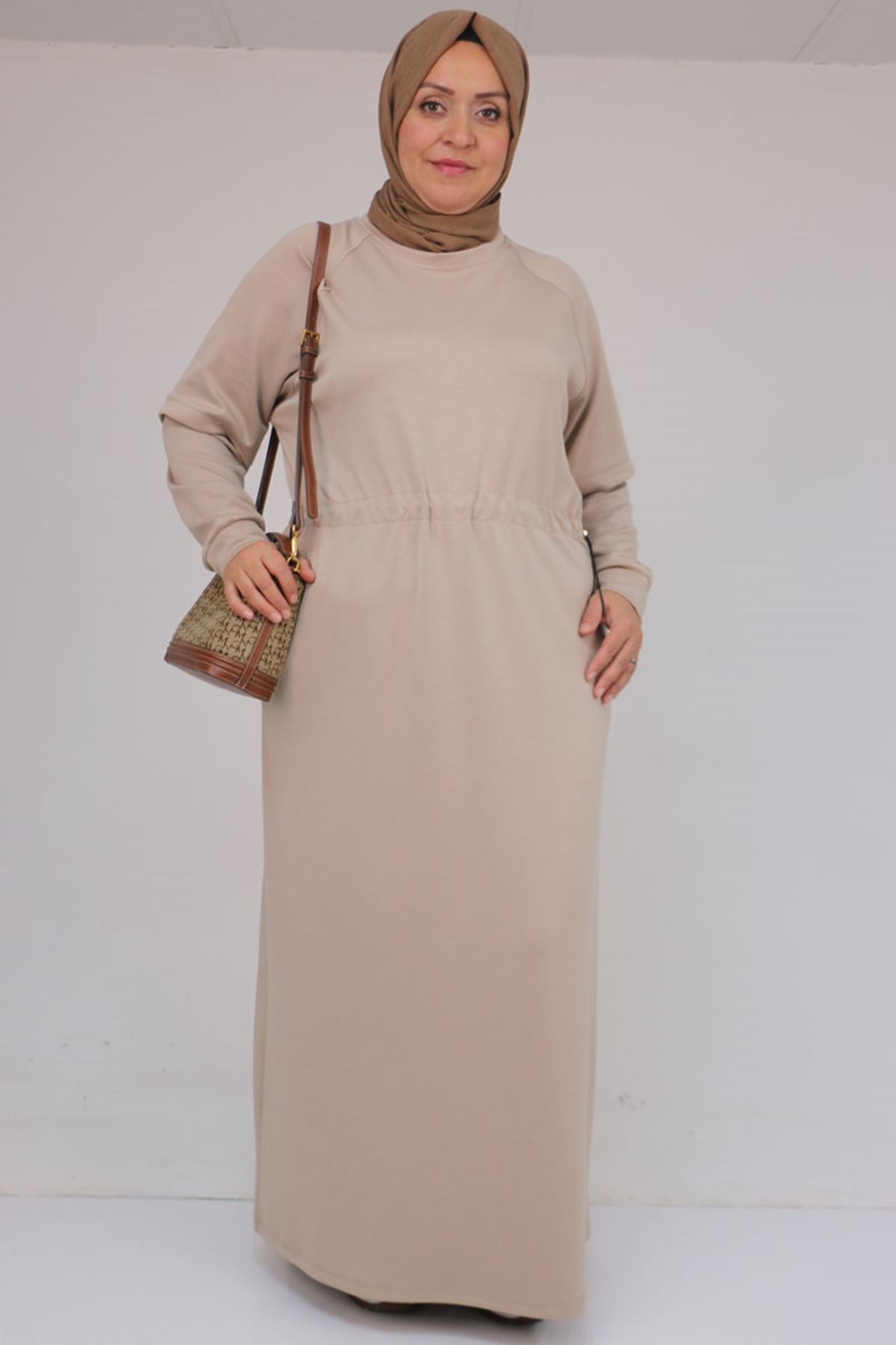 42032 Büyük Beden Beli Lastikli Modal Elbise - Bej