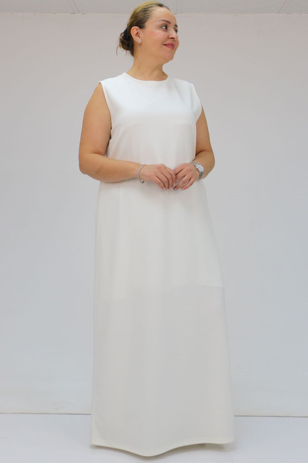 42050 Büyük Beden Modal Kolsuz Elbise - Ekru