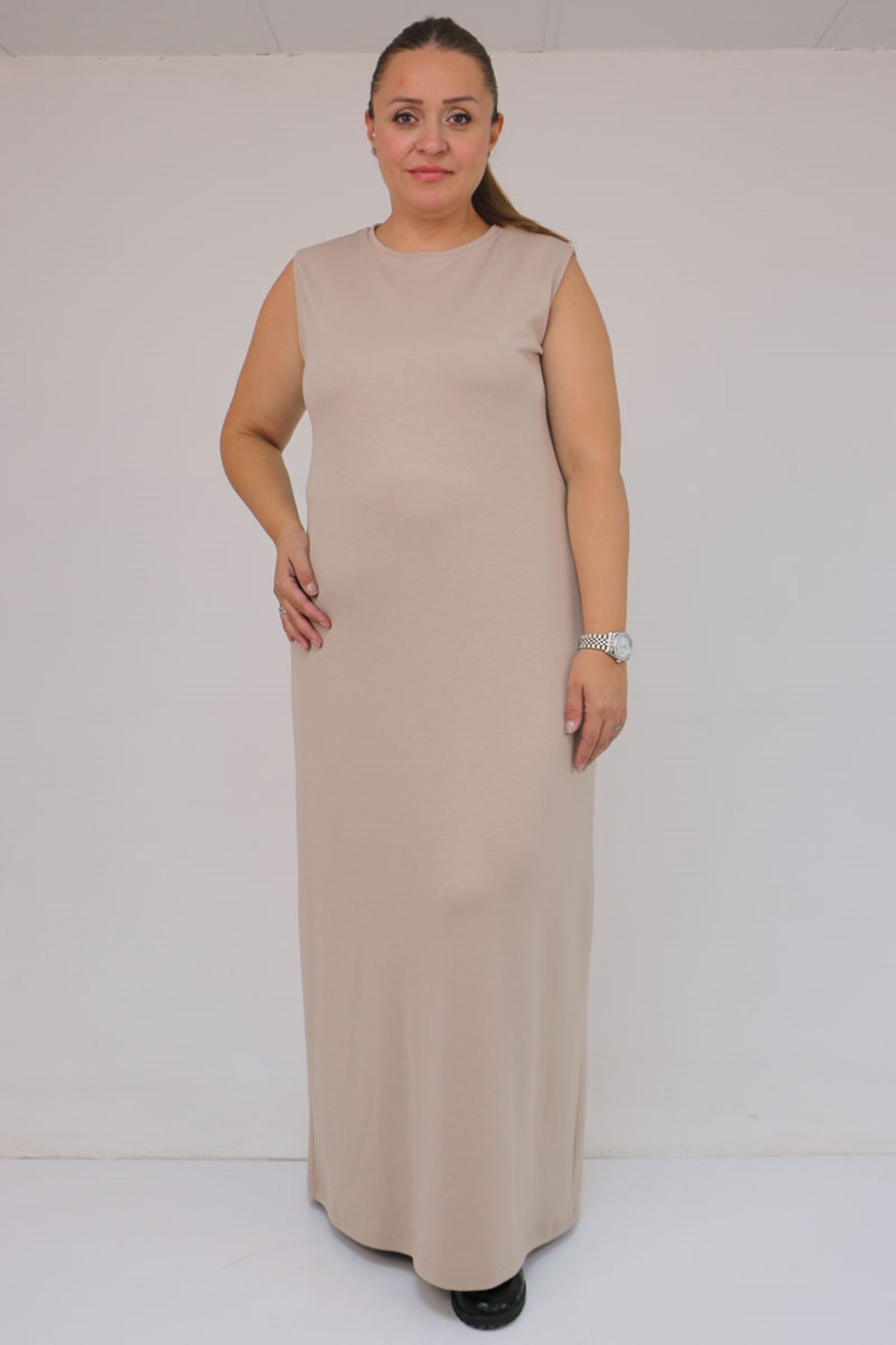 42050 Büyük Beden Modal Kolsuz Elbise - Bej