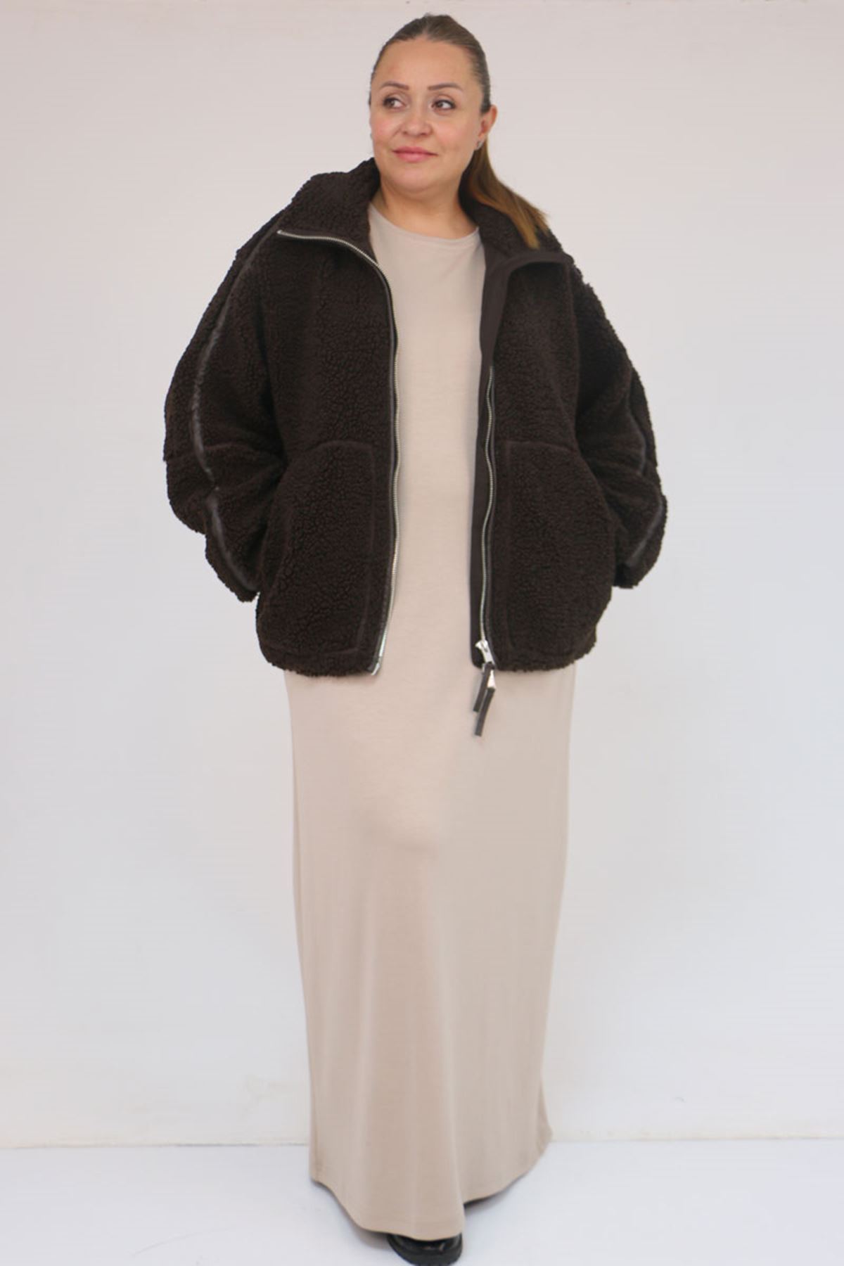 42050 Büyük Beden Modal Kolsuz Elbise - Bej