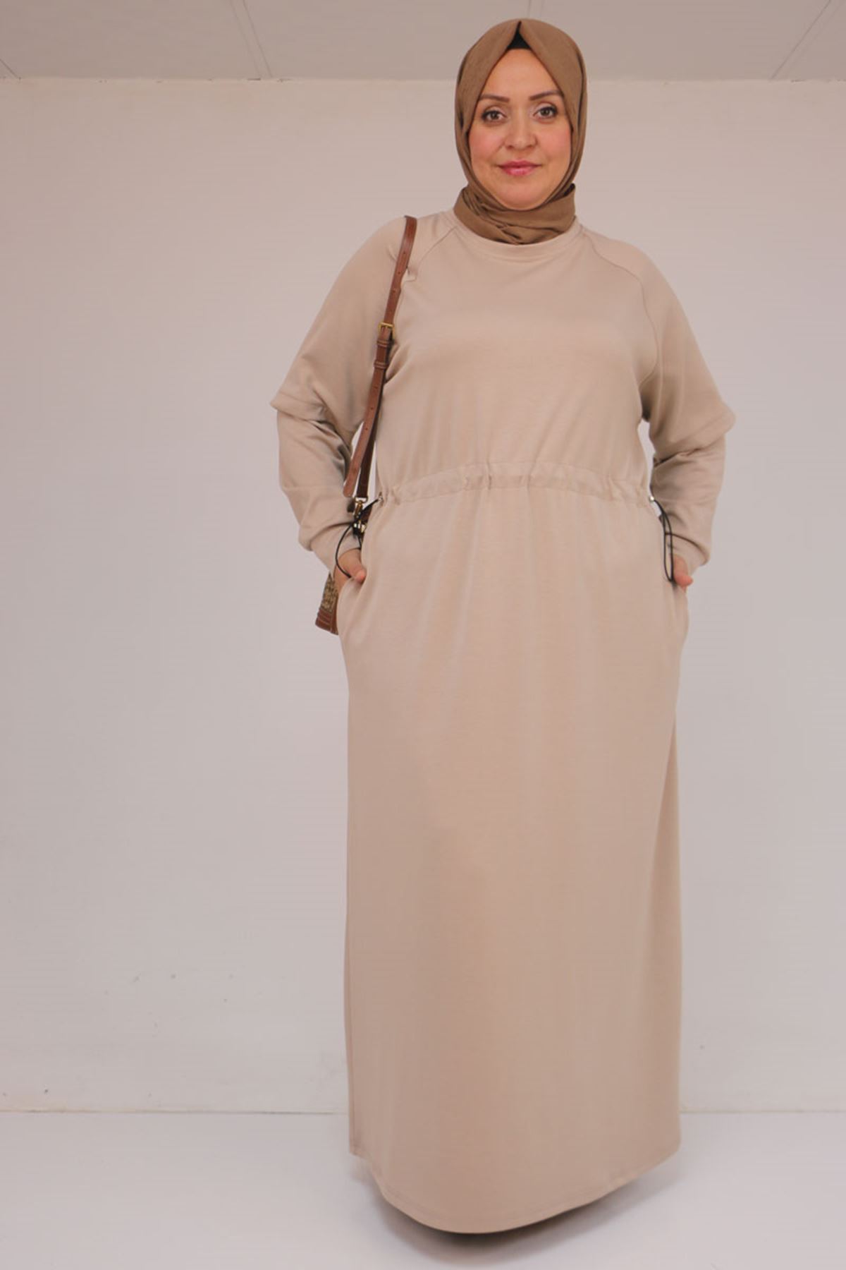 42032 Büyük Beden Beli Lastikli Modal Elbise - Bej