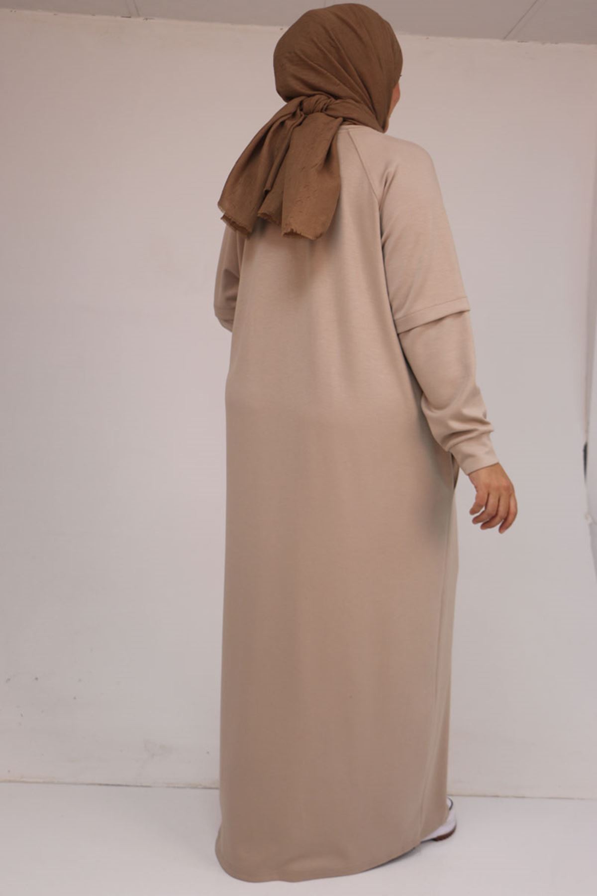 42032 Büyük Beden Beli Lastikli Modal Elbise - Bej