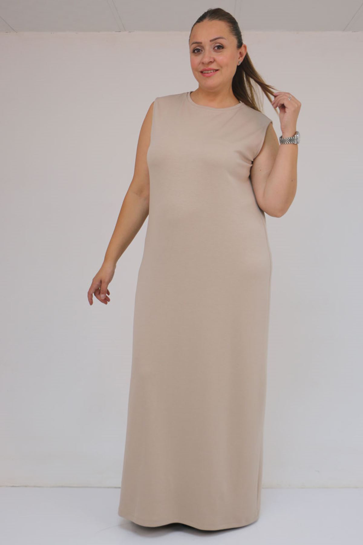 42050 Büyük Beden Modal Kolsuz Elbise - Bej