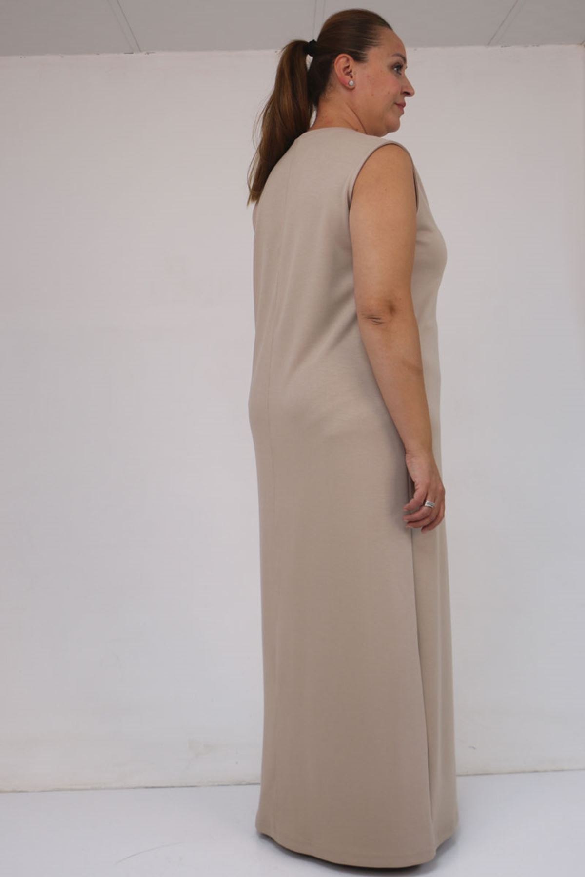 42050 Büyük Beden Modal Kolsuz Elbise - Bej