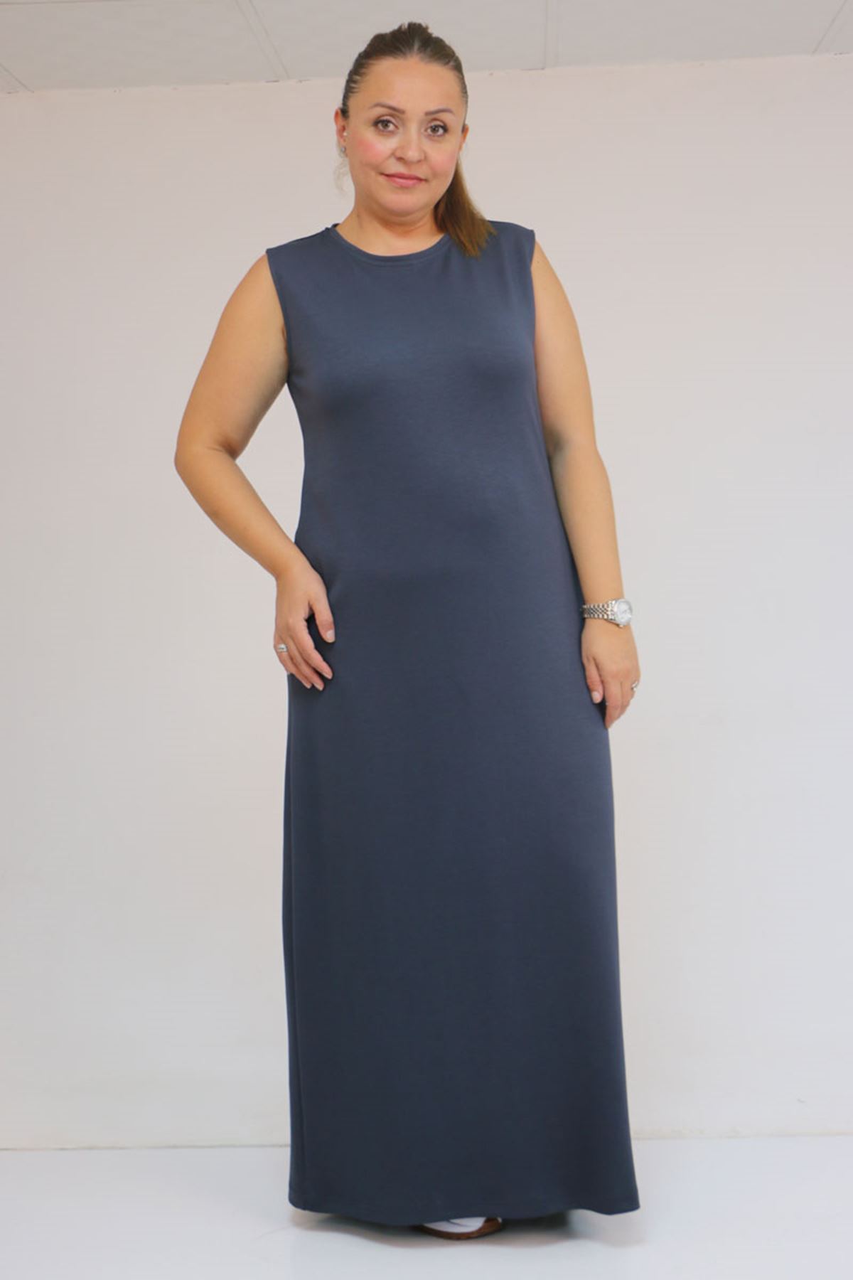 42050 Büyük Beden Modal Kolsuz Elbise - Antrasit