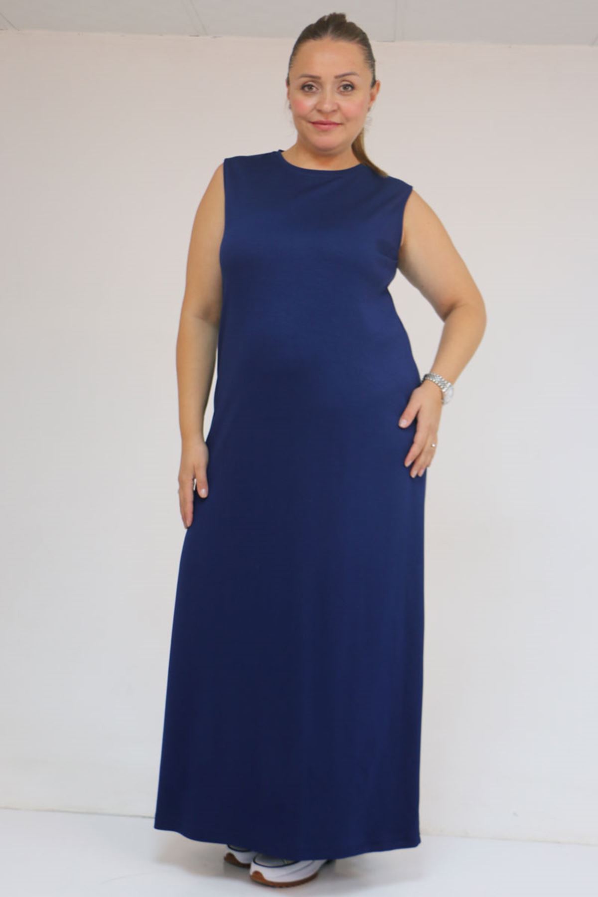 42050 Büyük Beden Modal Kolsuz Elbise - İndigo