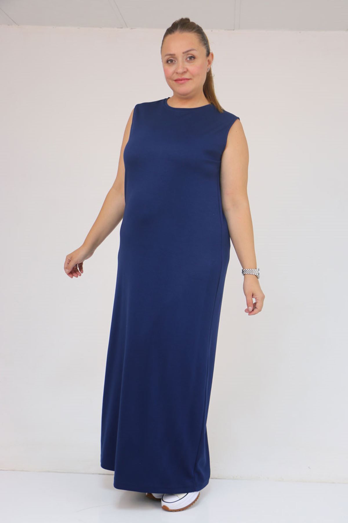 42050 Büyük Beden Modal Kolsuz Elbise - İndigo