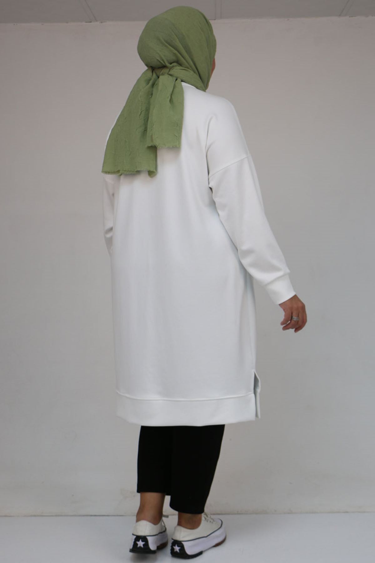 58160 - Büyük Beden İncili Bros Detaylı Modal Tunik- Ekru