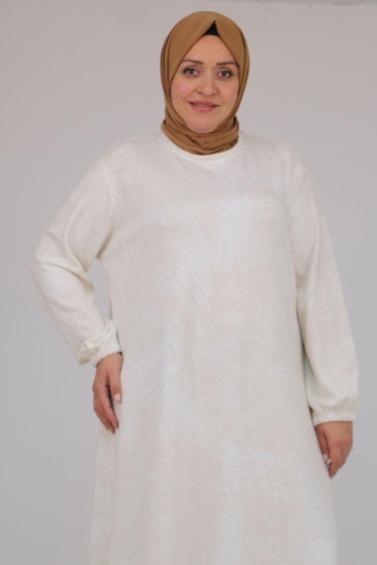 52030 Büyük Beden Kolu Lastikli Modal Elbise - Batik Ekru