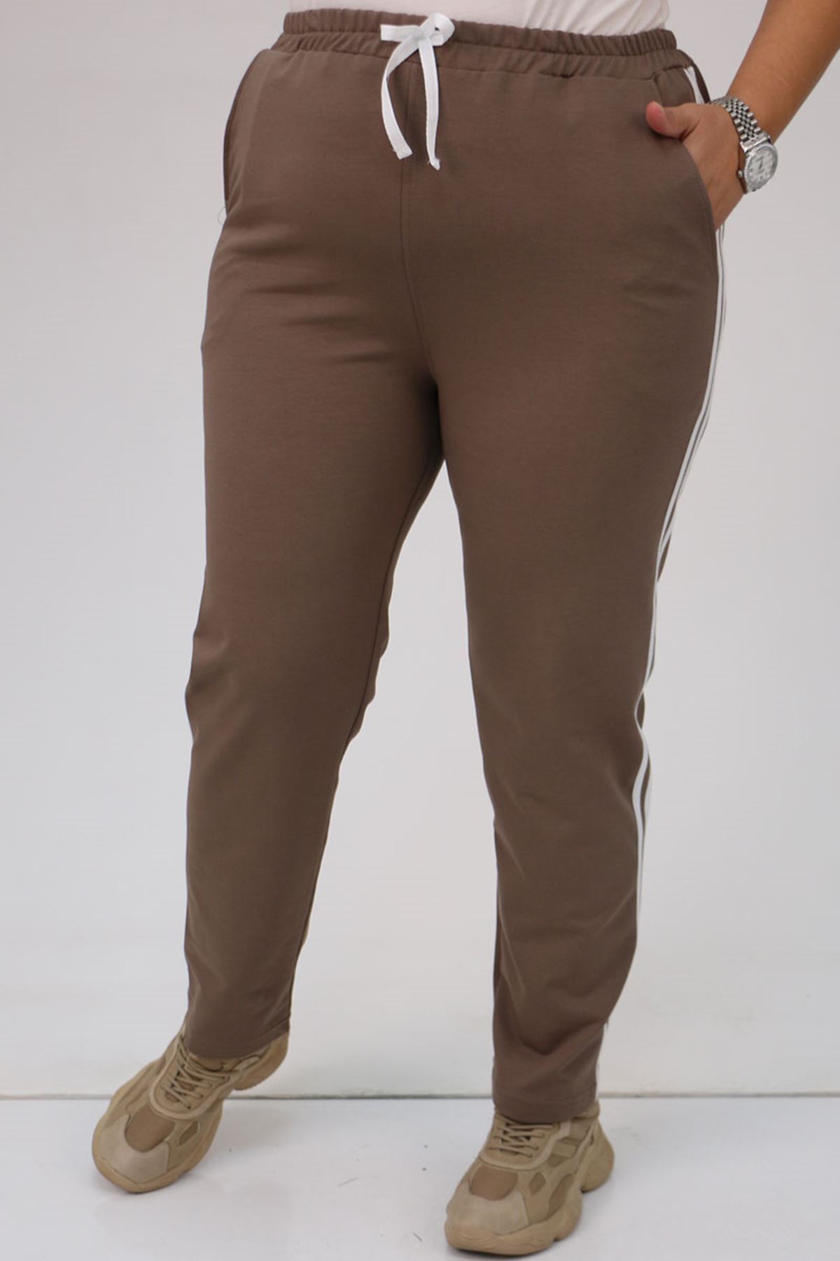 59505-1 Büyük Beden Yüksek Bel Lastikli  İki İplik Eşofman Altı - Vizon