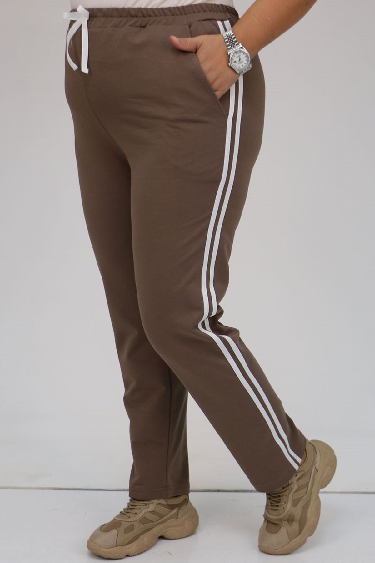 59505-1 Büyük Beden Yüksek Bel Lastikli  İki İplik Eşofman Altı - Vizon