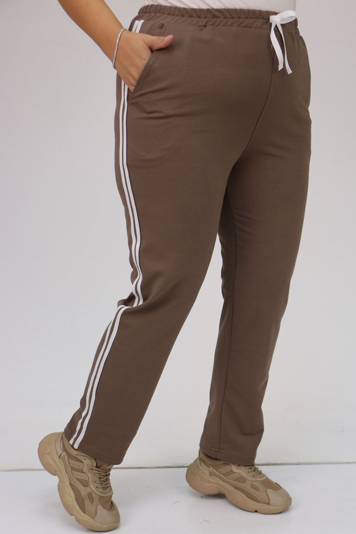 59505-1 Büyük Beden Yüksek Bel Lastikli  İki İplik Eşofman Altı - Vizon