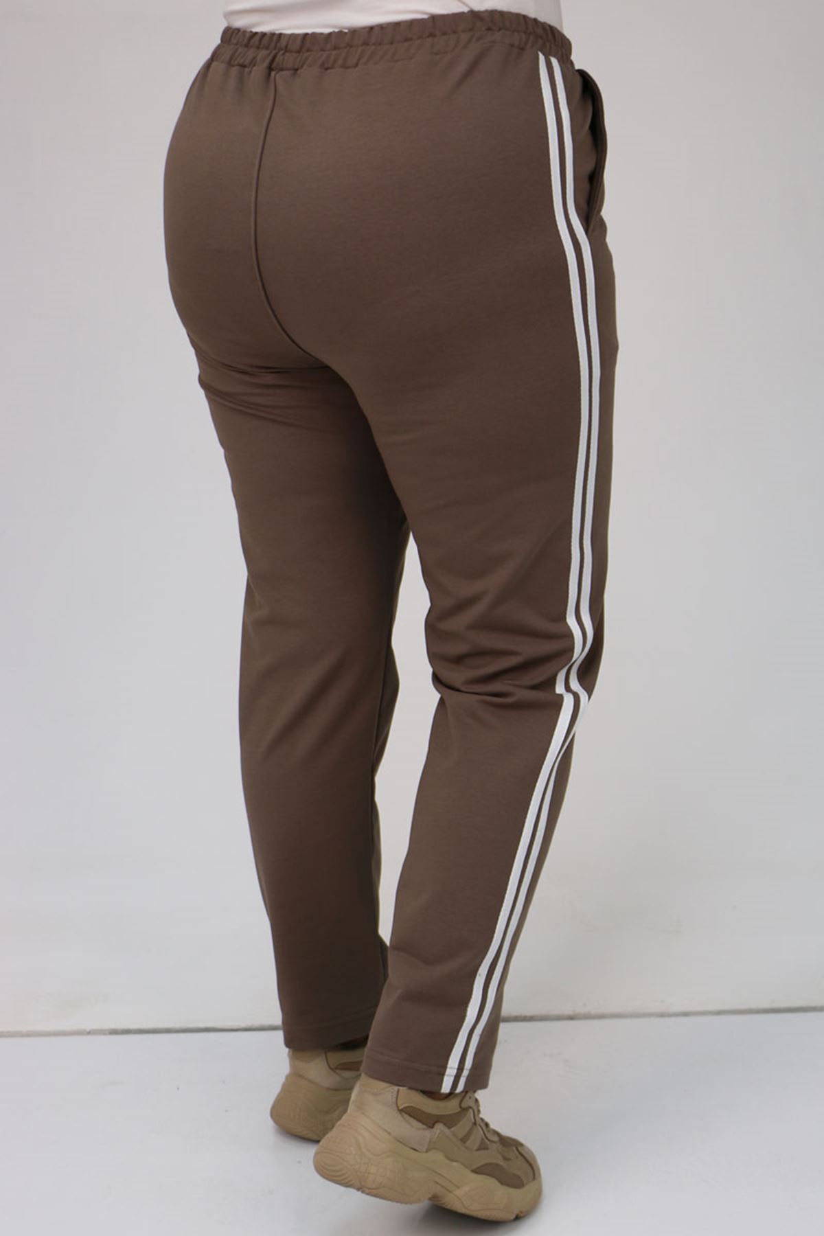 59505-1 Büyük Beden Yüksek Bel Lastikli  İki İplik Eşofman Altı - Vizon