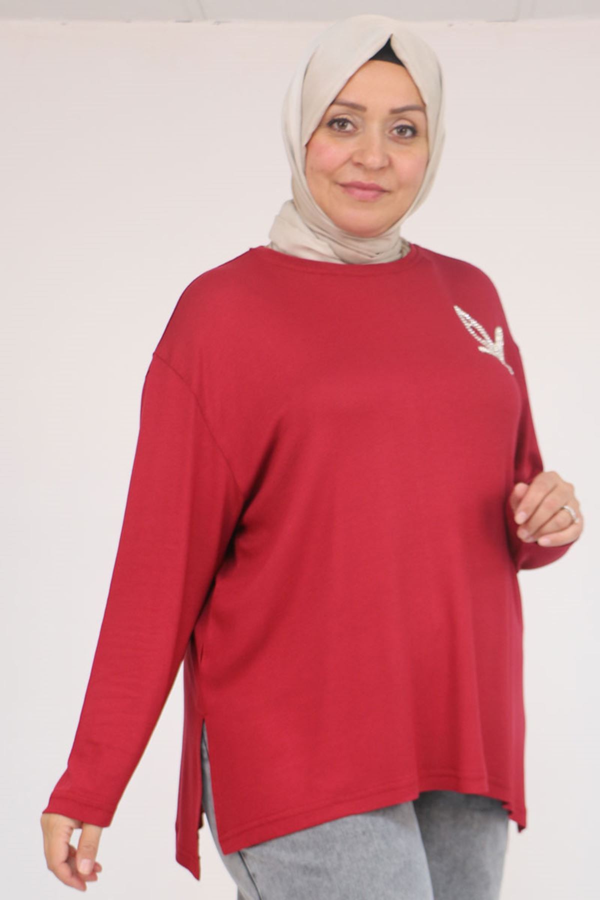 58149 Büyük Beden Taş Baskı Detaylı Çilek Tunik - Bordo