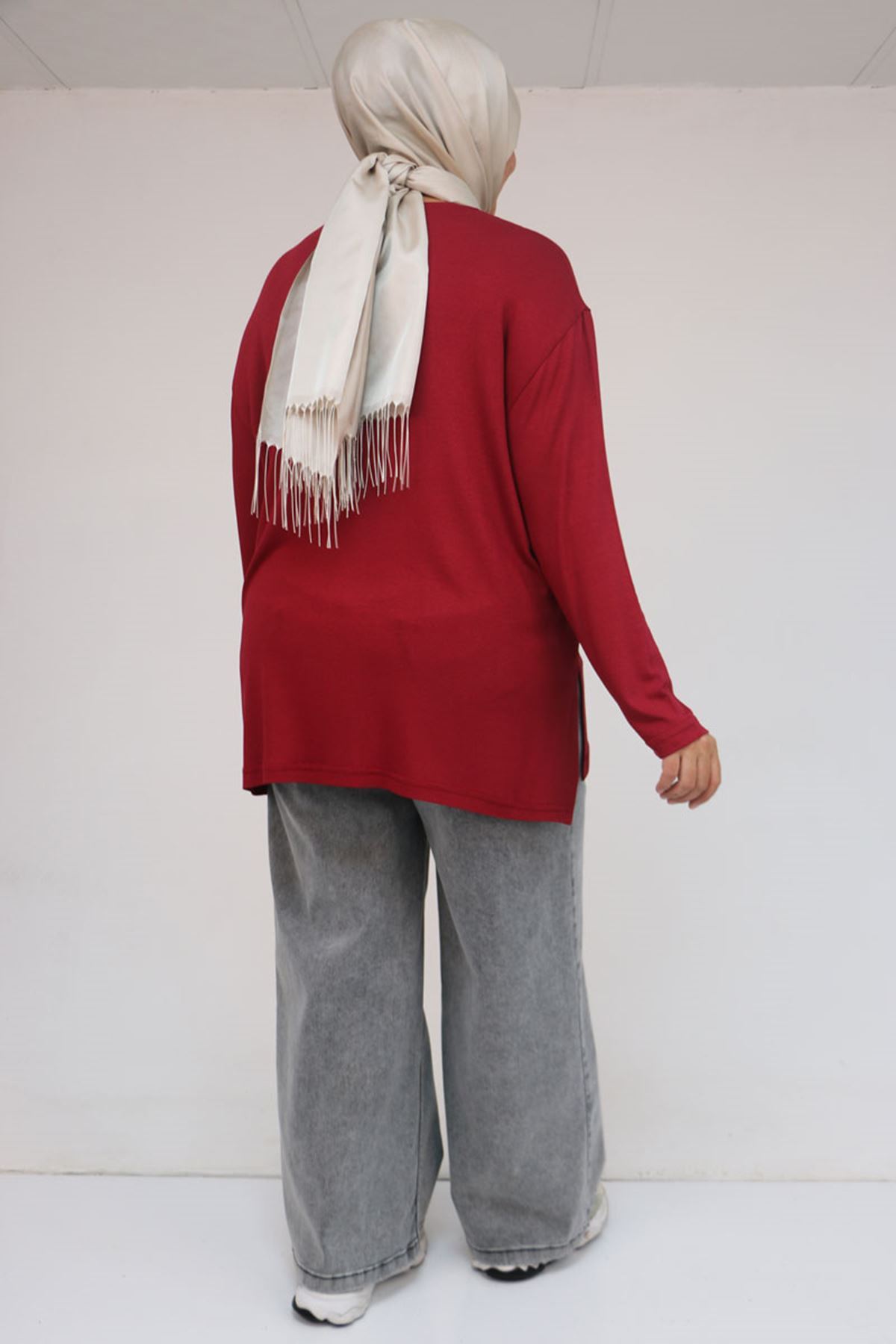 58149 Büyük Beden Taş Baskı Detaylı Çilek Tunik - Bordo