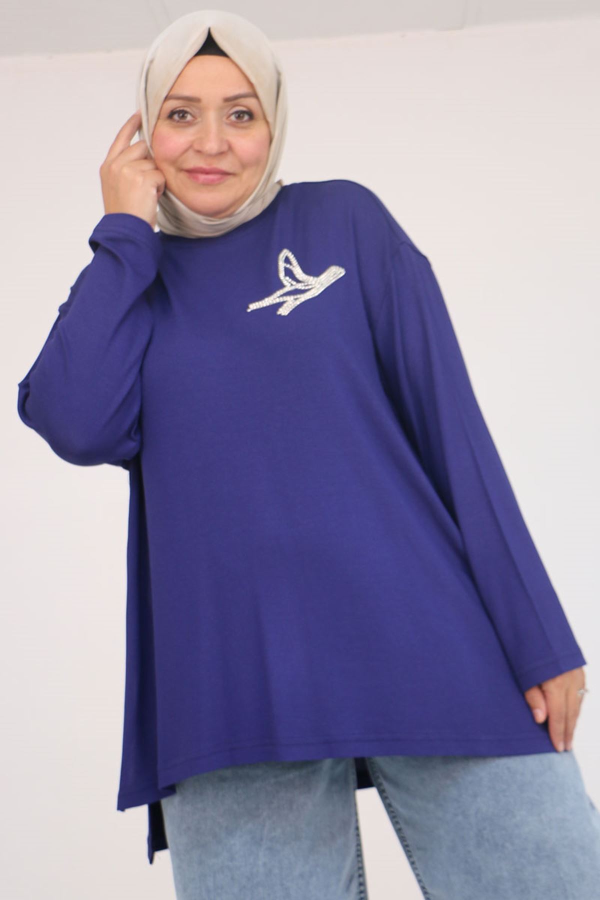 58149 Büyük Beden Taş Baskı Detaylı Çilek Tunik - İndigo