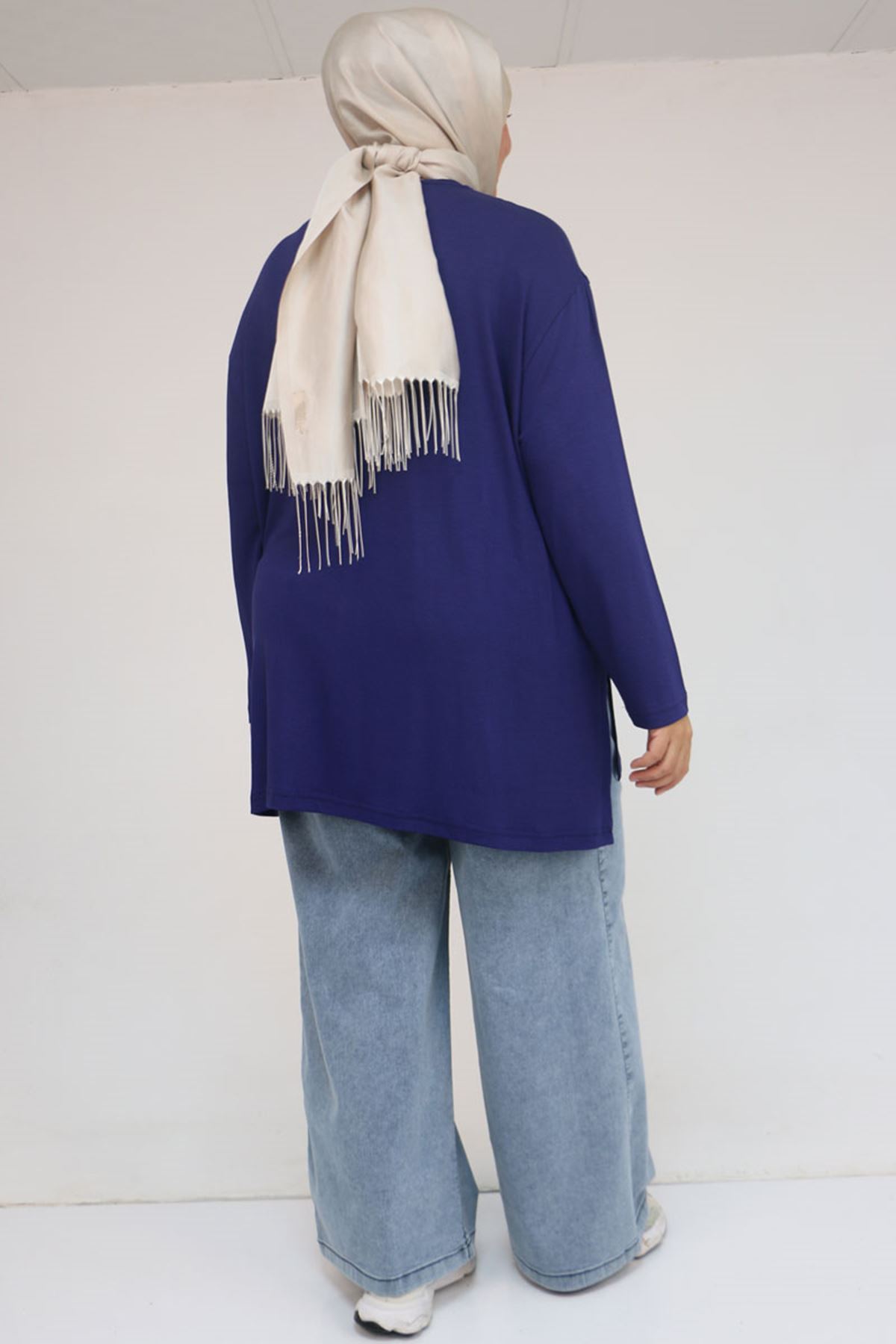 58149 Büyük Beden Taş Baskı Detaylı Çilek Tunik - İndigo