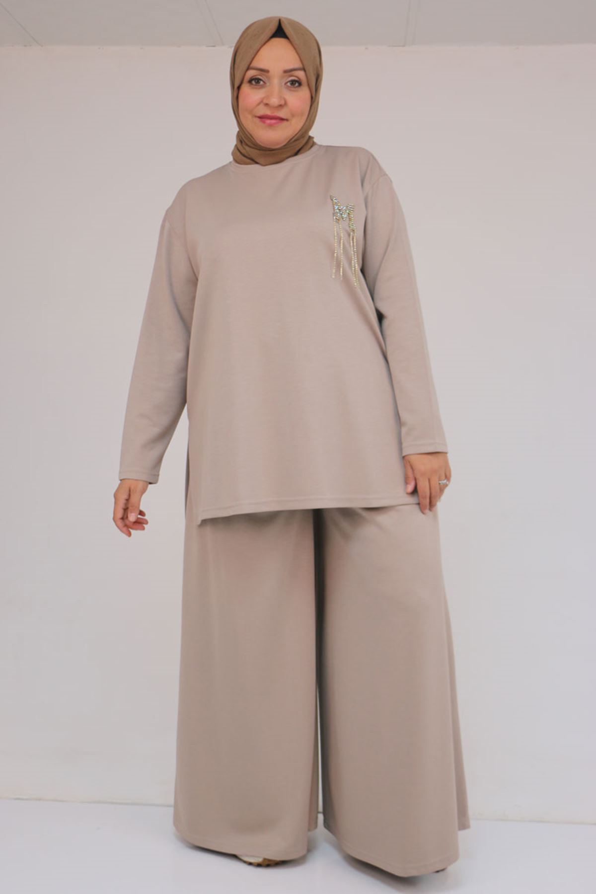 57043 Büyük Beden Yanı Yırtmaçlı Modal Pantolonlu Takım - Vizon