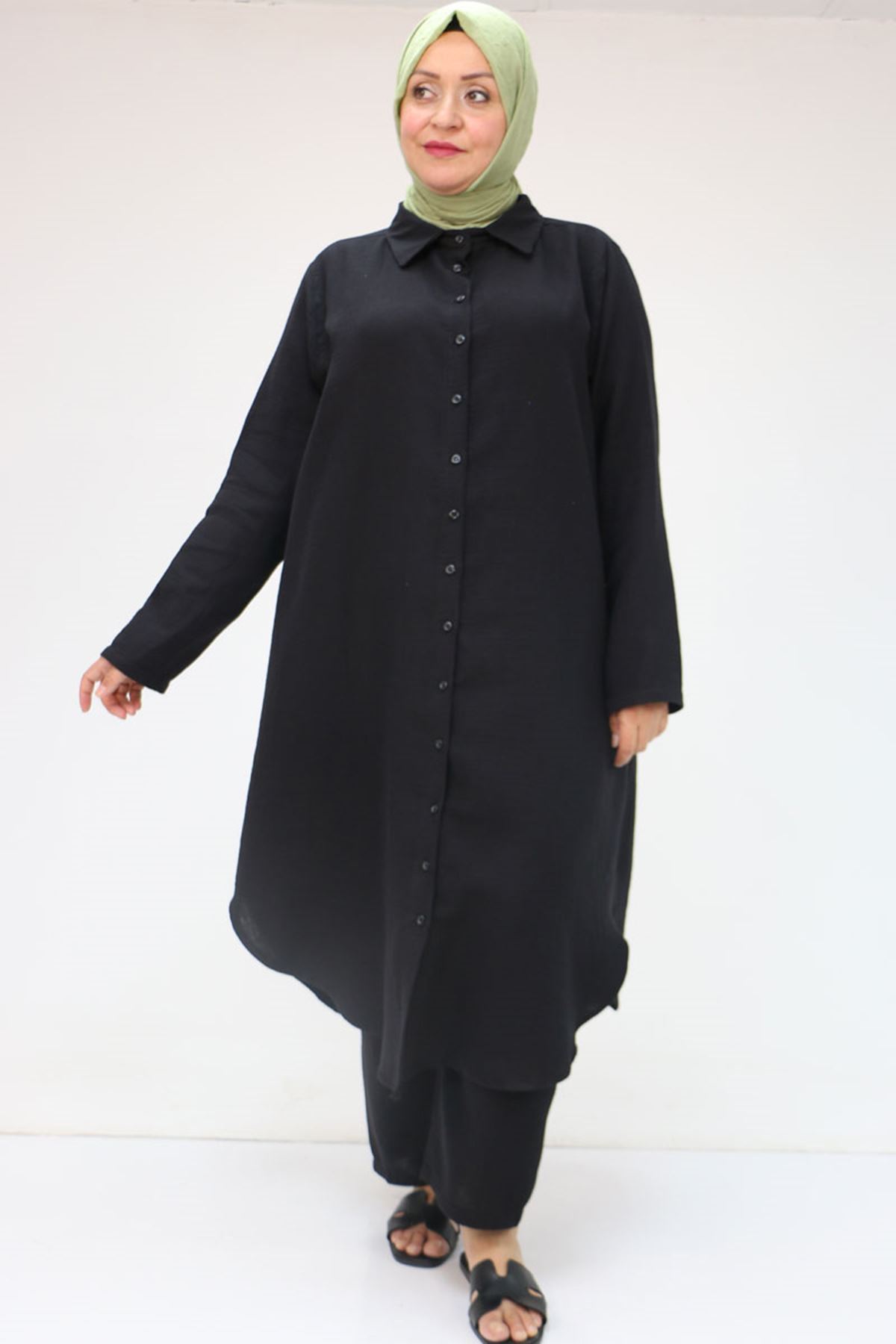 57047  Büyük Beden Müslin Pantolonlu Takım - Siyah