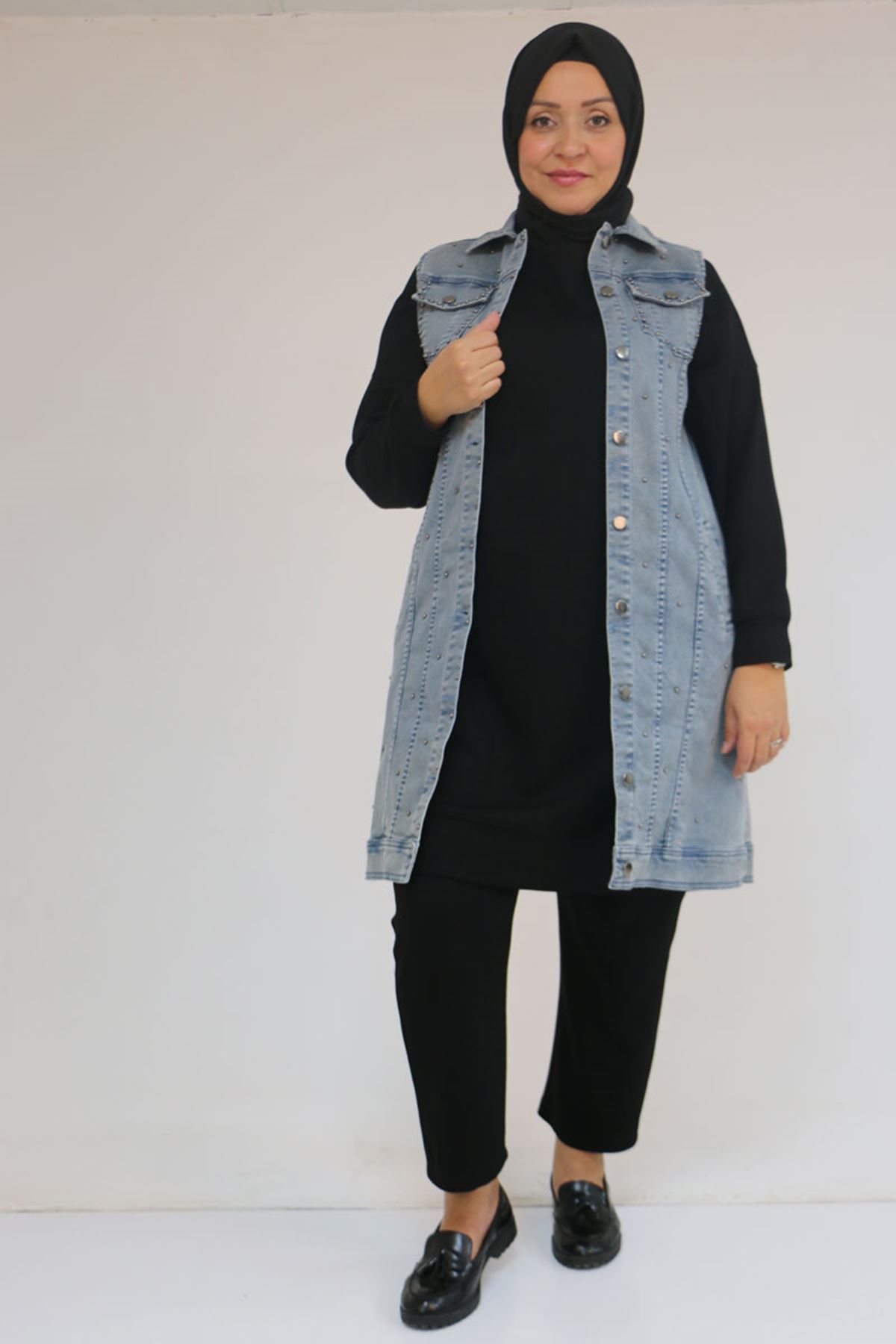 54007 Büyük Beden Çift Cepli İnci Çakmalı Kot Yelek - Kar Yıkama Duman