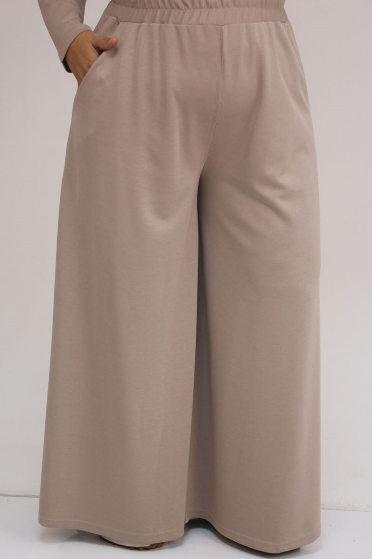 57043 Büyük Beden Yanı Yırtmaçlı Modal Pantolonlu Takım - Vizon